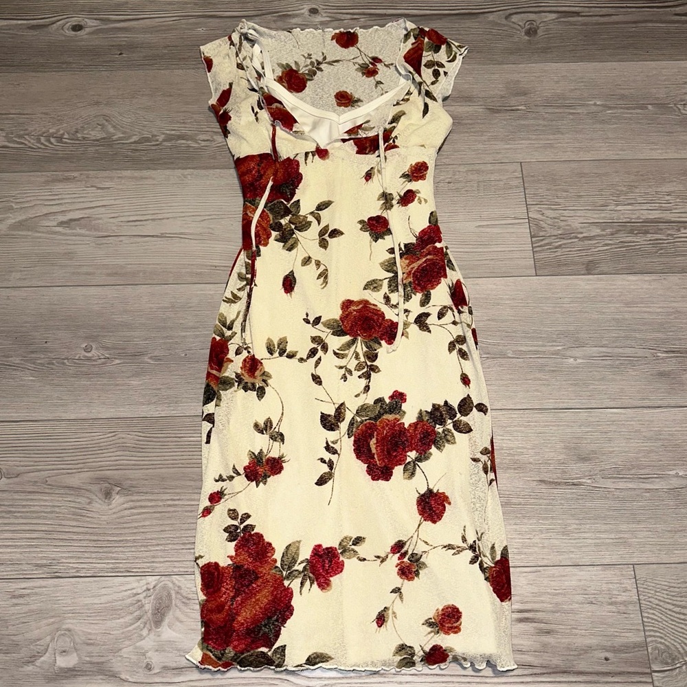 Vintage Y2K Rampage Ivory Red Floral Midi Dress Lace Up, Size M